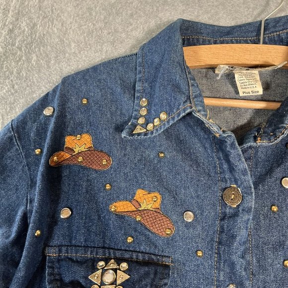 Denim maxi Dress Womens 14 Full Button Front Western Studded Cowboy Boots Hat - Picture 5 of 15
